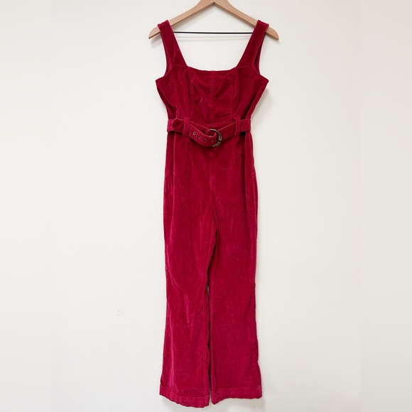 Free People Party Starter Jumpsuit Velvet Corduroy Flare in Holly Berry Red sz 2 - Picture 2 of 12